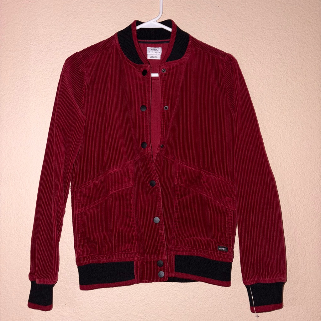 Rvca Red & Black Corduroy Bomber Jacket Button Front Vintage Skater Long Sleeve